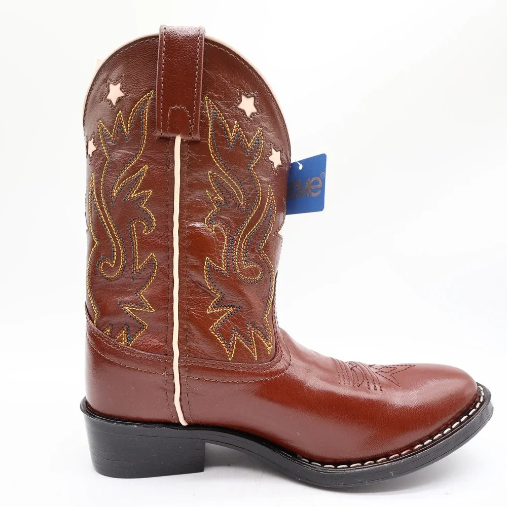 Acme Vintage Style Western Boots Kids 3 Brown Leather NWT AC146 Star Inlay